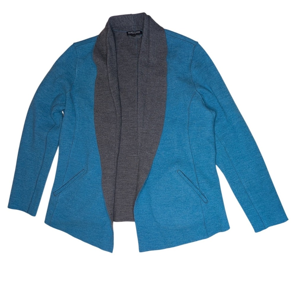 en Fisher Cardigan Womens PL Blue Gray Merino Wool Felted Jacket Open Front
